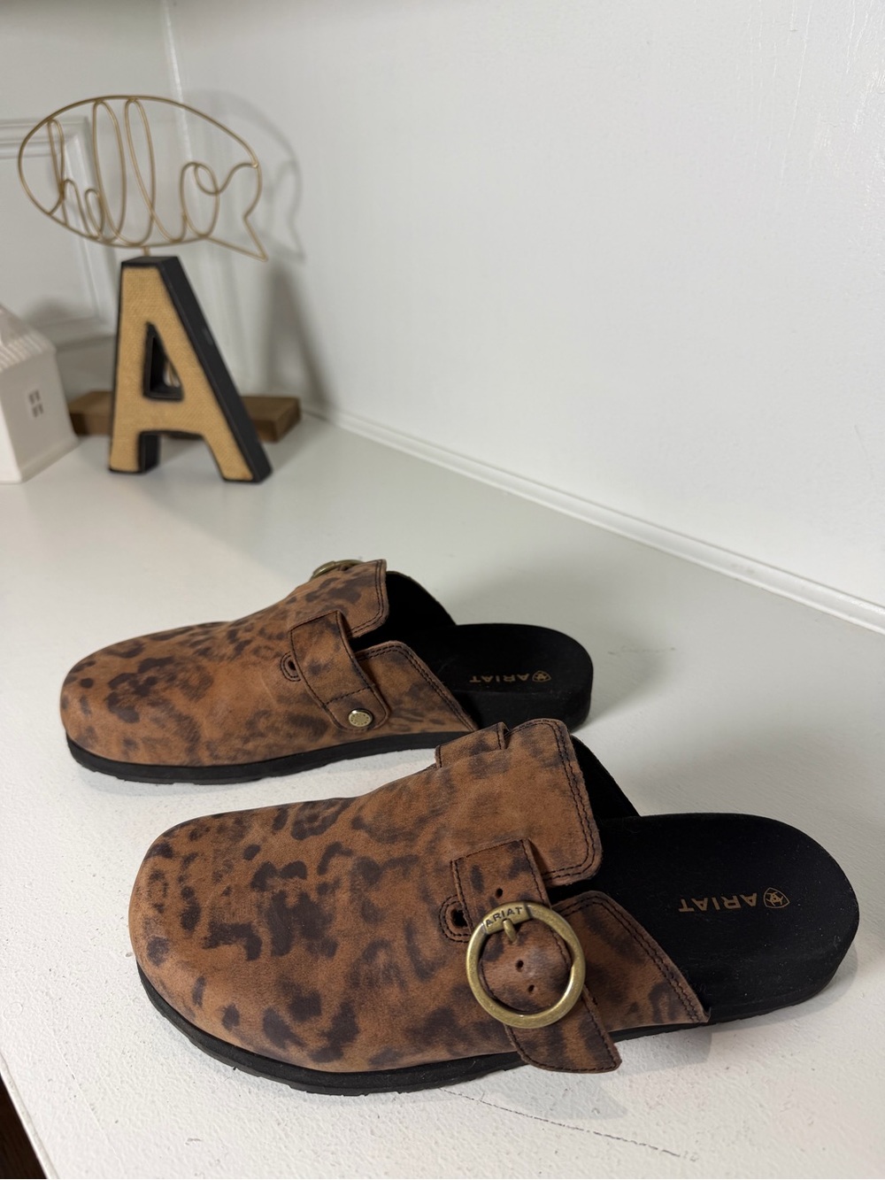 Ariat Womens 9.5 Brown Leather Buckle Clogs Mules Slip On Western Shoes